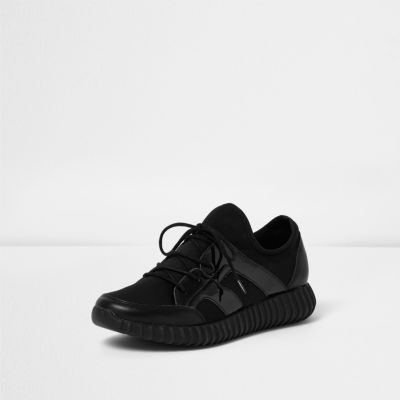 Black ribbed patent panel trainers